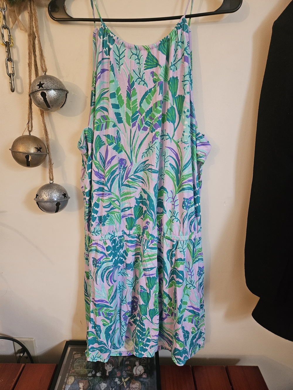 Lilly Pulitzer Pink-Trim Tropical Print Spaghetti Strap Romper Dress.